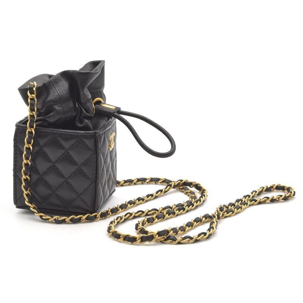 Chanel Shoulder Chain Drawstring Bag Case Black Accessory Matte Matelasse